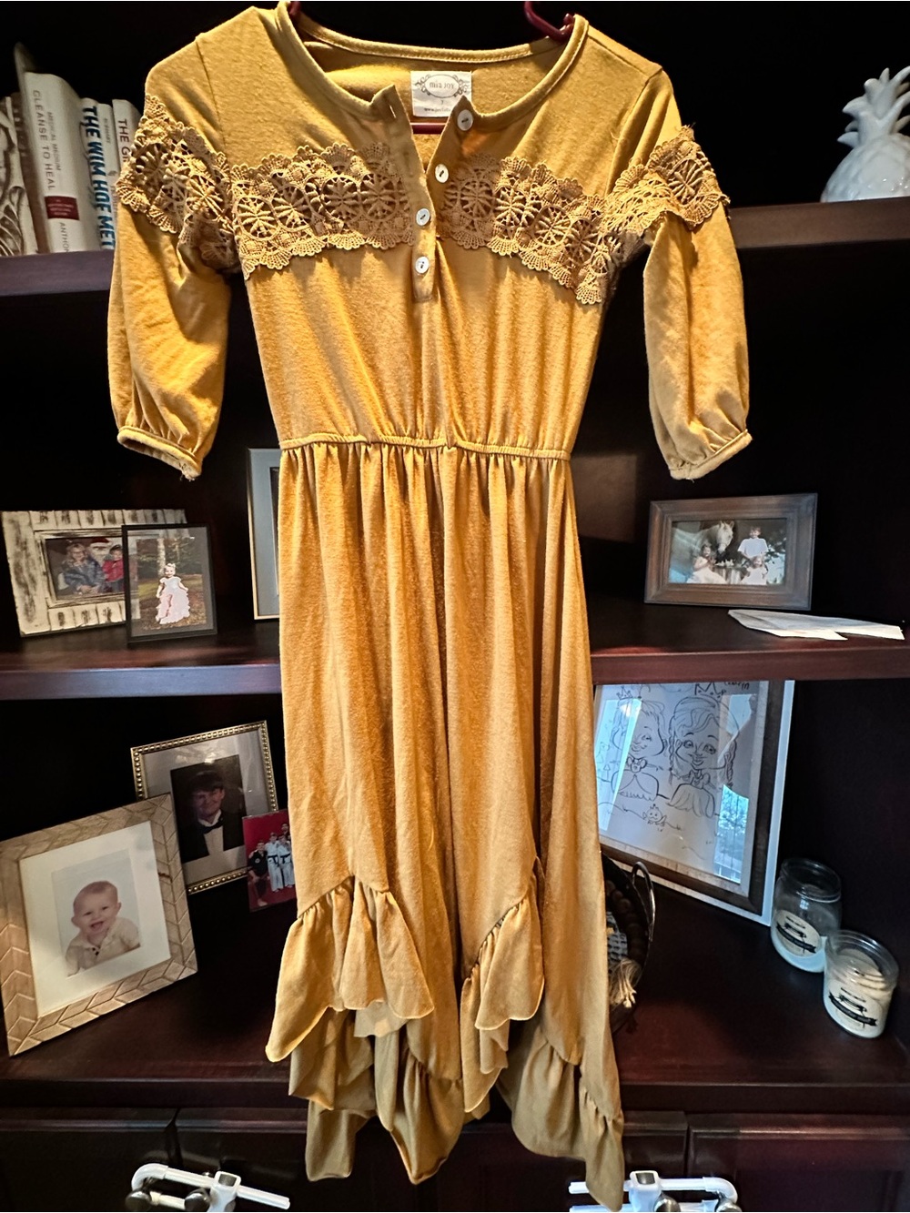 Joyfolie Mustard Lace Yoke Ruffle Hem Dress